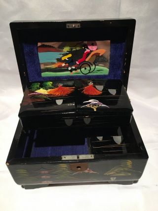Vintage Japan Hand Painted Black Lacquer Jewelry Music Box