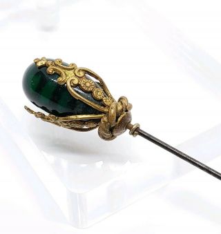 Antique Victorian Emerald Green Art Glass Bulb Brass/gold Fill Filigree Hat Pin