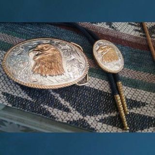 American Heritage Gold And Silver Plated Matching Eagle Belt Buckle And Bolo
