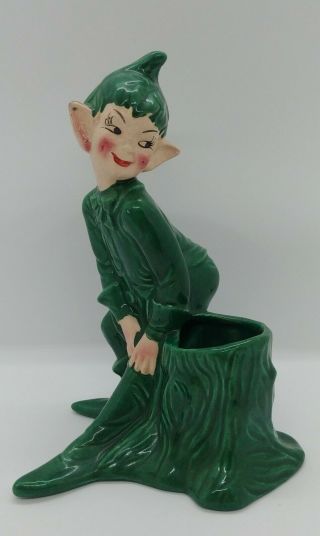 Vintage Gilner Ca Green Elf Pixie On Tree Stump 7 " Planter