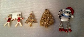 4 Christmas Themed Brooches & Earrings - Cat,  Trees,  Snowmen,  Signed