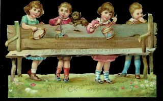 Double Fronted Shaped Victorian Christmas Card Boys & Girls Playing Instruments