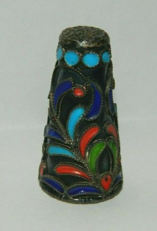 Sterling Silver 925 Tall Thimble Raised Design Enameled