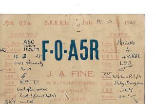 1928 Fo - A5r Cape Town South Africa Qsl Radio Card.