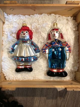 Raggedy Ann & Andy Simon & Schuster Hand Blown In Poland Ornaments In Wooded Box