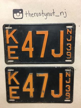 Antique Vintage 1939 Jersey Nj License Plate Plates Matched Set Ke47j