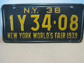 York 1938 N.  Y.  Worlds Fair 1939 License Plate.