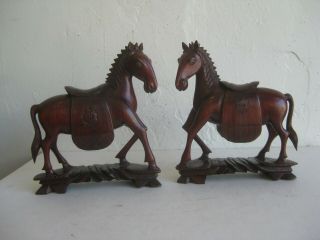 Fine Old Chinese Carved Hardwood Wood Horse Carvings Statues W/glass Eyes Signed