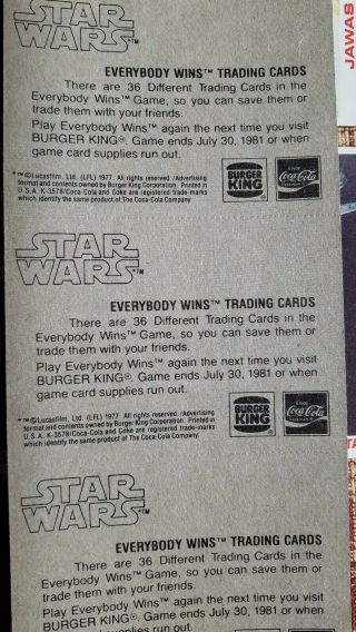 Burger King vintage Star Wars Trading Cards 1977 1980 2