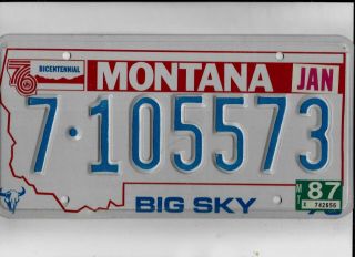Montana Passenger 1987 License Plate " 7 - 105573 " Bicentennial Flathead.