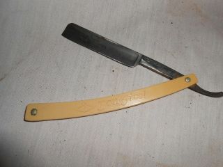 Antique " Bow Steel " Straight Razor Celluloid Handle Brown 
