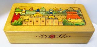 Rare Russian Stamped Wooden Trinket Box With Carved & Painted Town Scene Cute