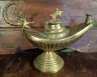 vintage Cast Brass Metal GENIE LAMP INCENSE BURNER Griffin head serpent handles 2