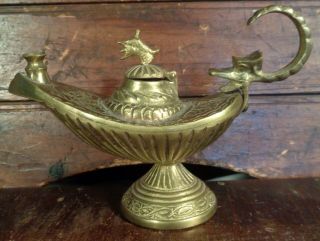 vintage Cast Brass Metal GENIE LAMP INCENSE BURNER Griffin head serpent handles 3