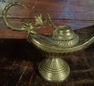 vintage Cast Brass Metal GENIE LAMP INCENSE BURNER Griffin head serpent handles 5