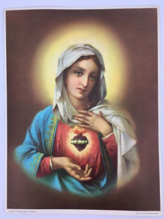 Vintage Sacred Heart Of Mary Print Religious Catholic 33x43.  5cm Saint
