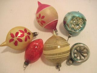 6 Old Glass Christmas Tree Ornaments Indents Tear Drop Tinsel