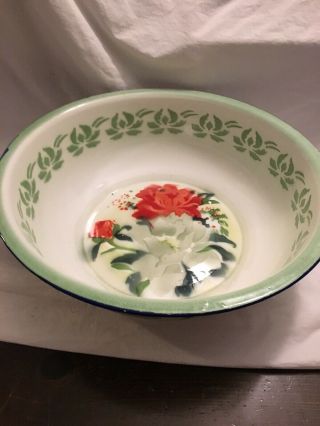Vintage Enamel Floral Painted Pan Bowl Red Rose Green Rim Large