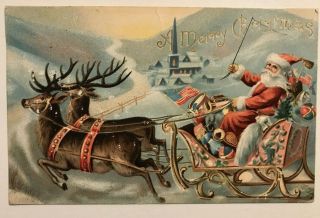 Antique 1907 Christmas Postcard Santa In Sleigh Reindeer American Flags - C382
