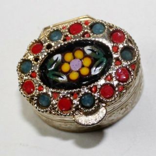 Vintage French Silver Plated Pill Box With Micro Mosaic Inlay