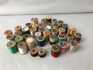 39 Vintage Wood Spools With Thread Corticelli Clarks Star J & P Coats Sizes Vary