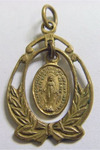Antique Catholic Faith Religious Gold Gilded Miraculous Mary Wreath Pendnt 50557