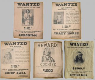 Set Of 5 Indian Wanted Posters Geronimo Cochise Crazy Horse Gall Sitting Bull