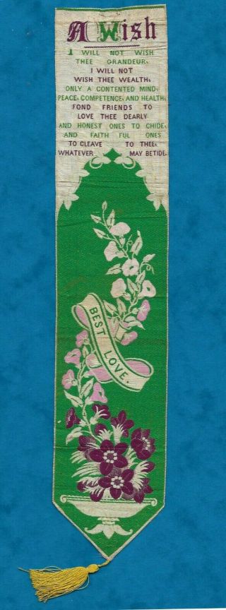 1873 Thomas Stevens Large Woven Silk Bookmark " A Wish "