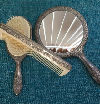 Vintage Silver Plate Vanity Set Mirror Brush Comb Antique Set