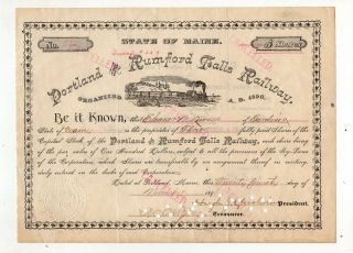 1896 Portland & Rumford Falls Railroad Stock Certificate Maine