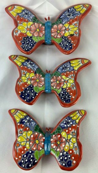 3 Piece Butterfly Wall Hanging Decor Folk Art Mexican Talavera Ceramic Pottery