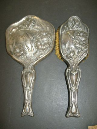 Antique Art Nouveau Art Deco Silverplate Vanity Set Mirror Hair & Grooming Brush