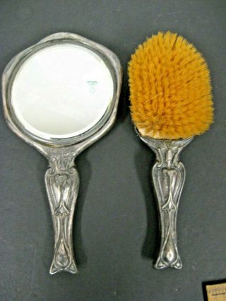 Antique Art Nouveau Art Deco silverplate Vanity set mirror hair & grooming brush 4