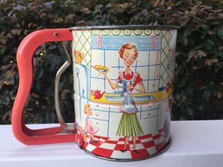 Vintage Androck Flour Sifter,  Red Handle Mom In Apron Kitchen 50 
