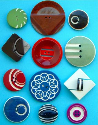 12 Vintage Art Deco 2 - Coloured Celluloid Buttons,  Bright Colours,  21mm to 39mm 3