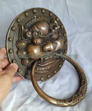 Authentic Fengshui Brass Lion Foo Fu Dog Head Mask Statue Door Knocker 11 " X8.  3 "