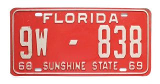 Vintage Florida 1969 Escambia County License Plate,  Low Number,  838,  Dmv Clear
