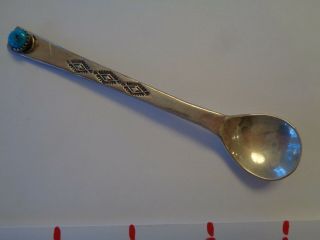 Vintage Navajo Sterling Turquoise Small Silver Spoon - Great For Salt 4 3/8 "