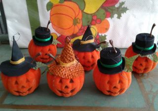 6 Vintage Halloween Flocked Jack O 
