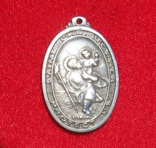 Vintage Wwii Era Sterling Silver Catholic St.  Christopher Protect Us Medal
