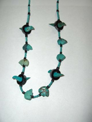 Vintage Native American Hand Carved Turquoise Birds Fetish Necklace Jewelry
