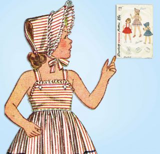 1940s Vintage Simplicity Sewing Pattern 2112 Easy Girls Sun Dress & Bonnet Sz 4