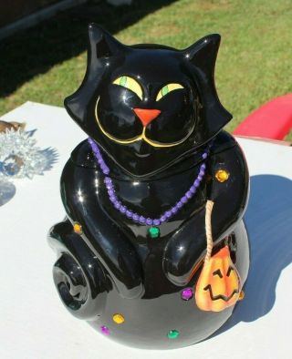 Halloween Black Smiling Cat With Rhinestone Ceramic Cookie Jar