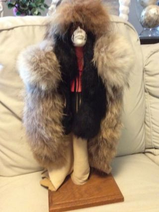 Native American Figure Real Fur & Leather Signed By Karen Blanchard