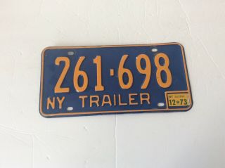 Very Good Vintage 1973 York State Blue & Yellow Trailer License Plate