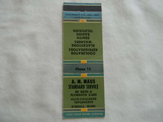 Kimball Minnesota Allis Chalmers Farm Tractor Desoto Plymouth Low 13 Matchbook