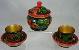 Vintage Russian Khokhloma Wooden Sugar Bowl,  Cup & Saucer Set Of 5