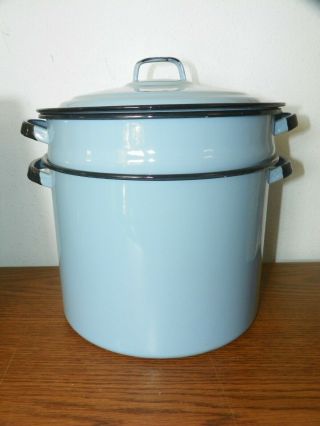 Large Enamelware 2 Gallon Steamer Stock Pot Vintage Blue Strainer Pasta Boiler