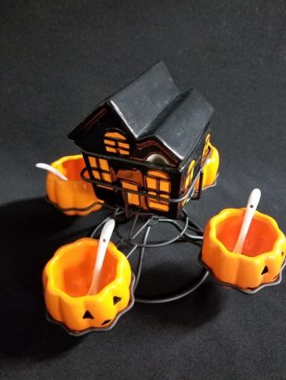 5 Halloween Lazy Susan Candy Dishes 1 Haunted House,  4 Pumpkin Bowls,  Spoons