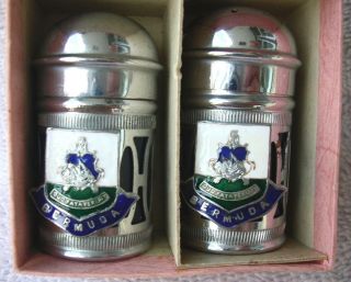 Vintage 1960s Bermuda Souvenir Salt & Pepper Shakers W/box Chrome/blue